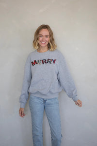 "MERRY" Plaid Sweatshirt - Navy Blue - Heather Grey