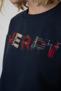 "MERRY" Plaid Sweatshirt - Navy Blue - Heather Grey