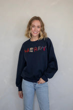 Load image into Gallery viewer, &quot;MERRY&quot; Plaid Sweatshirt - Navy Blue - Heather Grey
