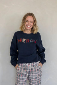 "MERRY" Plaid Sweatshirt - Navy Blue - Heather Grey