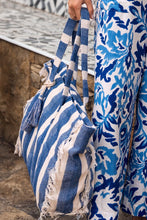 Load image into Gallery viewer, Fringe Edge Striped Cotton Tote - Blue/Ivory (ZA107EE)
