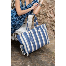 Load image into Gallery viewer, Fringe Edge Striped Cotton Tote - Blue/Ivory (ZA107EE)
