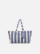 Load image into Gallery viewer, Fringe Edge Striped Cotton Tote - Blue/Ivory (ZA107EE)
