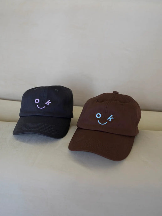 Ok Smiley Baseball Cap - Washed Black - Chocolate