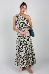 Knotted One Shoulder Maxi Dress - Black / Cream