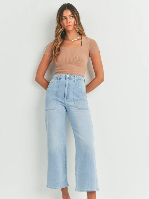 Patch Pocket Wide Leg Jeans - Light Denim 