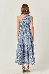 Print One Shoulder Maxi Dress - Blue /White Print (Style #ET025D)