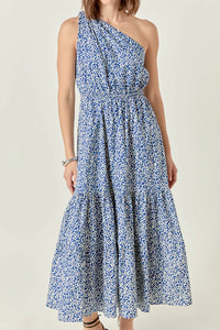 Print One Shoulder Maxi Dress - Blue /White Print (Style #ET025D)
