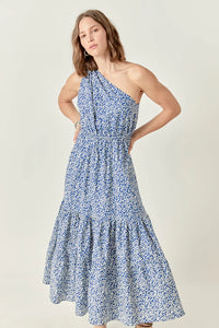 Print One Shoulder Maxi Dress - Blue /White Print (Style #ET025D)