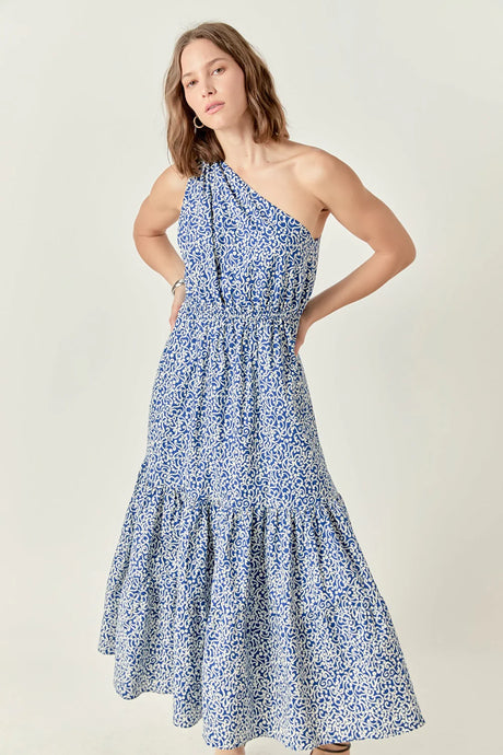 Print One Shoulder Maxi Dress - Blue /White Print (Style #ET025D)