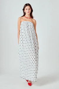 Strapless Polka Dot Pleated Maxi - White/Blk (Stle: HN4089D)
