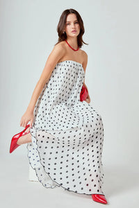 Strapless Polka Dot Pleated Maxi - White/Blk (Stle: HN4089D)