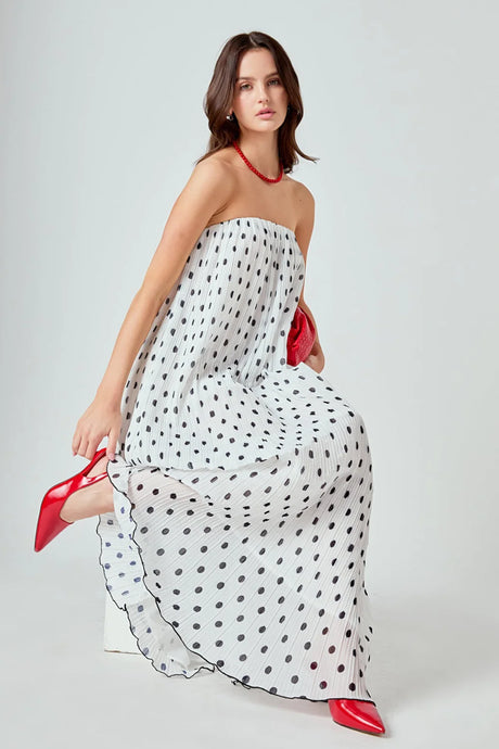Strapless Polka Dot Pleated Maxi - White/Blk (Stle: HN4089D)