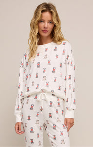 Elle Puppy Love LS Top - Seasonal Puppy Print on Vanilla Ice