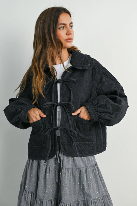 Quilted Tie Front Jacket - Black Denim - Med Denim