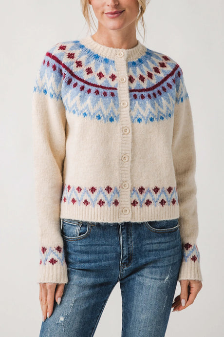 Elfa Cardigan Sweater - Cream / Blue / Burgundy