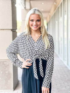 Rue Satin Top - Blk / White Print (shown in Royal Blue)