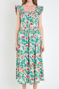 Back Bow Floral Midi Dress - Multi Green