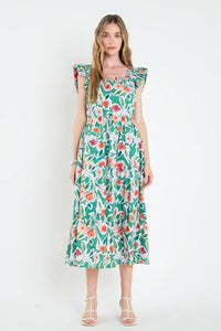 Back Bow Floral Midi Dress - Multi Green