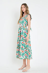 Back Bow Floral Midi Dress - Multi Green