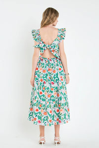 Back Bow Floral Midi Dress - Multi Green