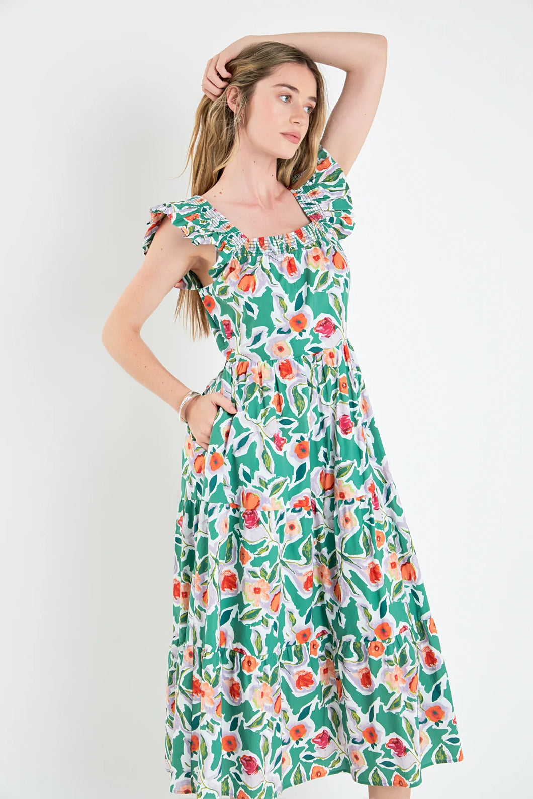 Back Bow Floral Midi Dress - Multi Green