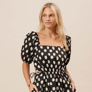 Shayla Poplin Dress - Black w/ Cream Polka Dots