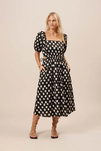 Shayla Poplin Dress - Black w/ Cream Polka Dots