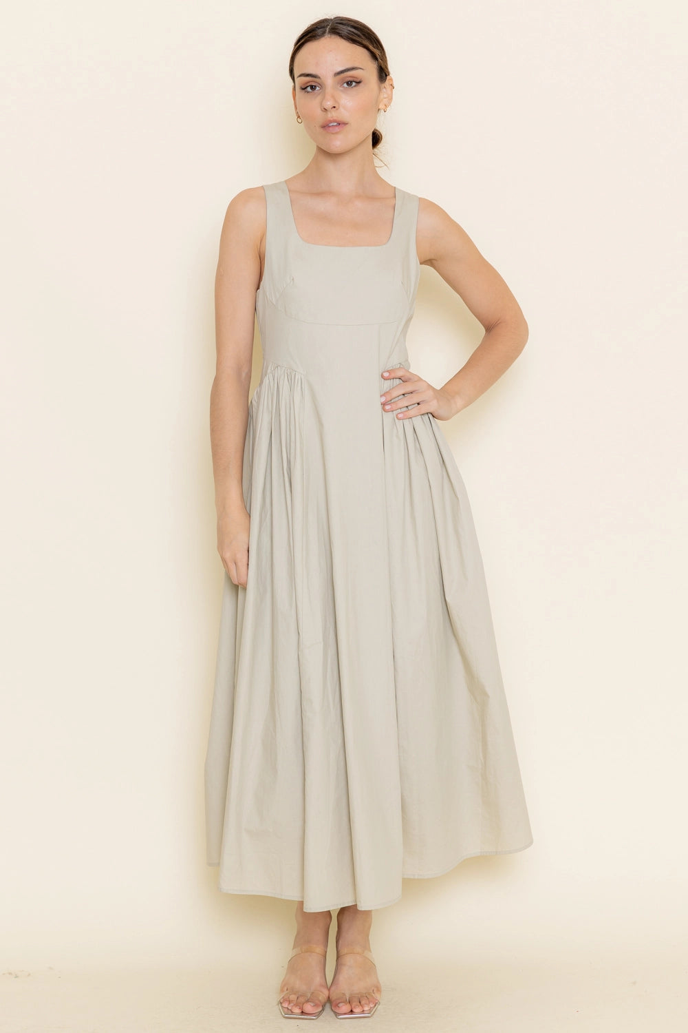 Shirring Midi Dress - Khaki Green