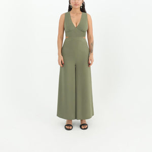 Sleeveless Cut Out Jumpsuit -Khaki Green