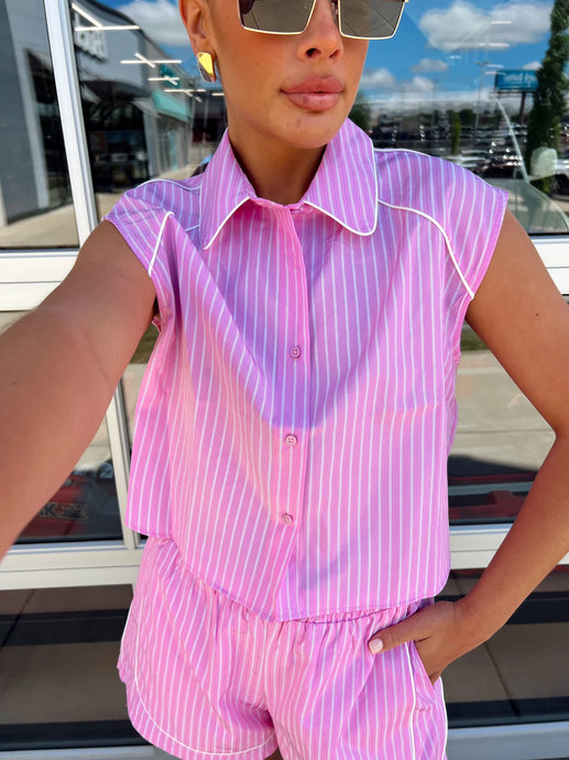 Striped Shirt w/ Piping - Pink w/ White Stripes