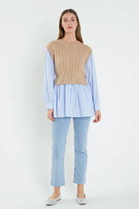 Cable Knit Striped Shirt - Beige/ Light Blue