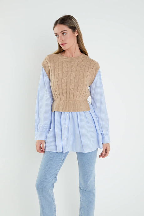 Cable Knit Striped Shirt - Beige/ Light Blue