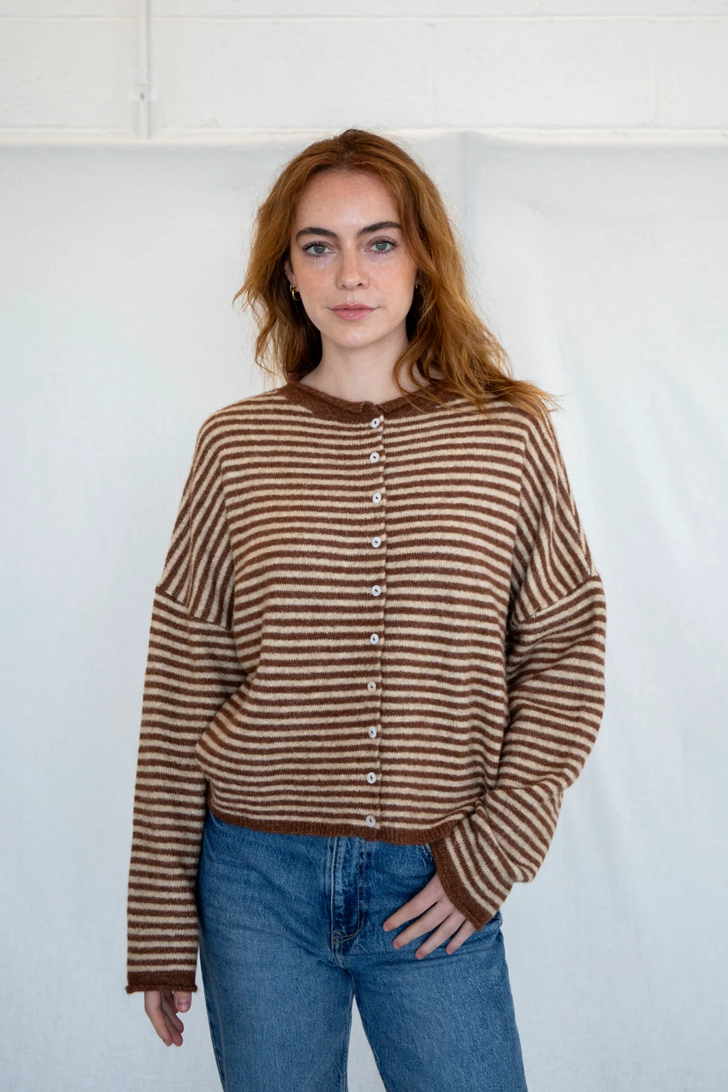 Piper Cardigan - Mini Stripe Brown - Mini Stripe Cherry Red
