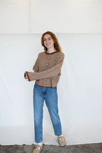 Piper Cardigan - Mini Stripe Brown - Mini Stripe Cherry Red