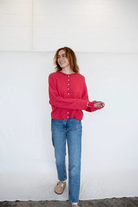 Piper Cardigan - Mini Stripe Brown - Mini Stripe Cherry Red