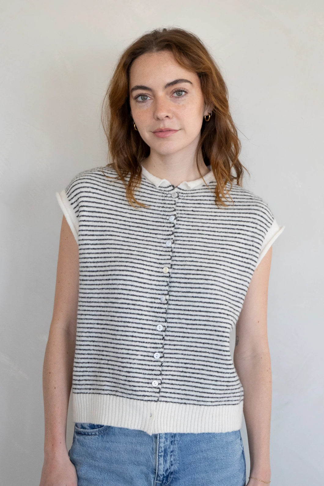 Piper Sleeveless Vest Cardigan - Blk/Ivory Stripe 