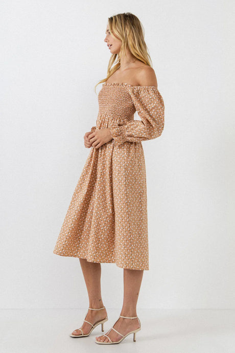 Floral Smocked Midi Dress - Tan Multi