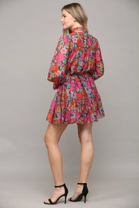 Floral print tie waist ruffle dress - Teal / Fuschia / Multi
