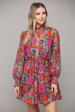 Load image into Gallery viewer, Floral print tie waist ruffle dress - Teal / Fuschia / Multi
