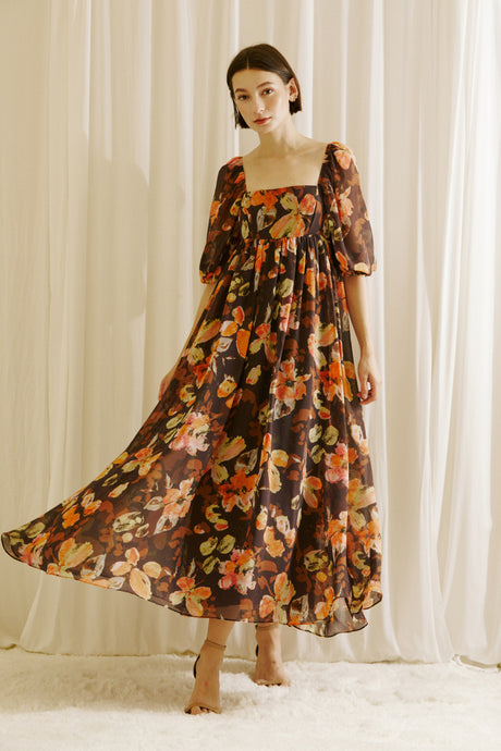 Warm Floral Maxi Dress - Brown / Orange Floral