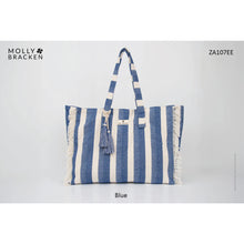 Load image into Gallery viewer, Fringe Edge Striped Cotton Tote - Blue/Ivory (ZA107EE)
