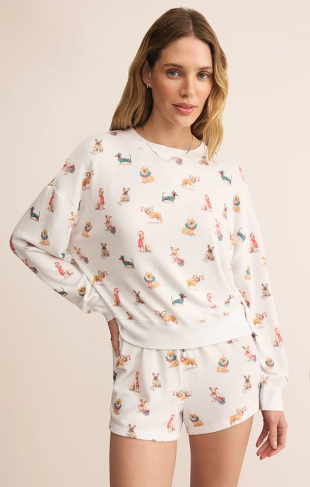Cozy Up Pup LS Top - Holiday Pup Print on Vanilla Ice