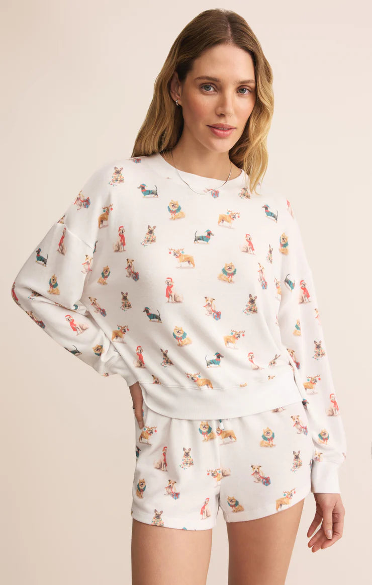 Cozy Up Pup LS Top - Holiday Pup Print on Vanilla Ice