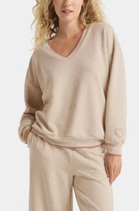 Homebody L/S V Neck Top - Lt Oatmeal Heather