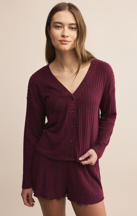 Mara Rib LS Cardigan - Merlot