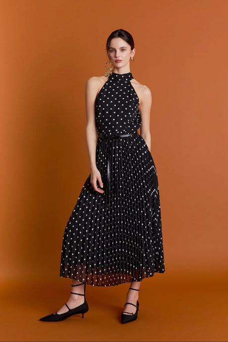 Zoe Polka Dot Pleated Midi Dress - Black