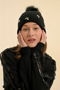 Rhinestone &amp; Pearl Beanie - Black