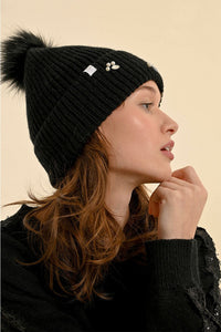 Rhinestone &amp; Pearl Beanie - Black