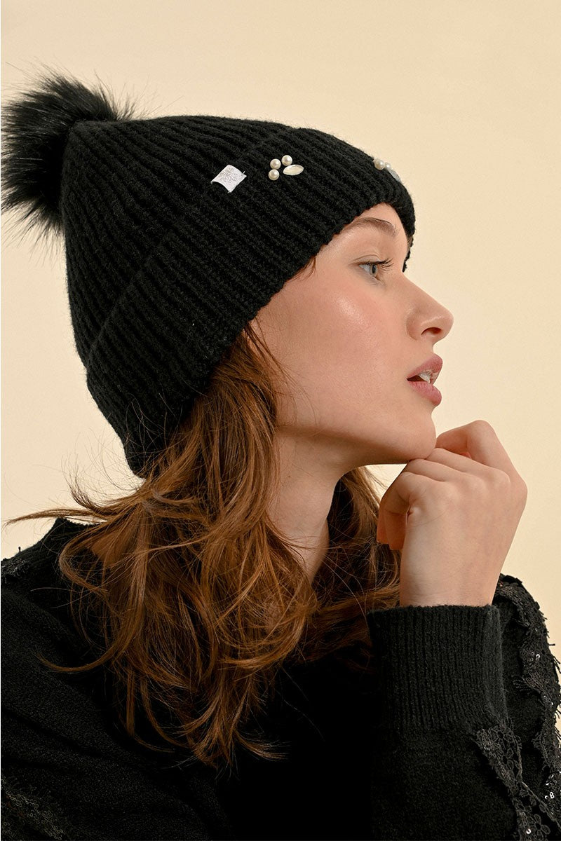 Rhinestone & Pearl Beanie - Black